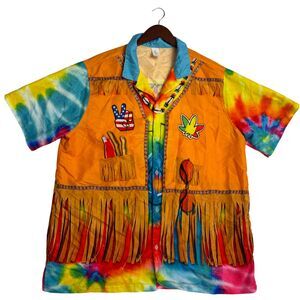 GarmentOne Woodstock Legalize Tie Dye Hippie Fringe Shirt Men’s Large Weed Leaf